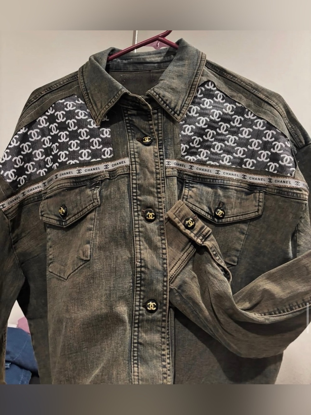 CHANEL Olive Green Denim Jacket with Monogram Panels
